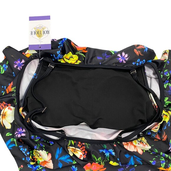 NWT Tempt Me S Black Floral Swimsuit Ruffle Top Molded Cup Tropical Print - Picture 6 of 12